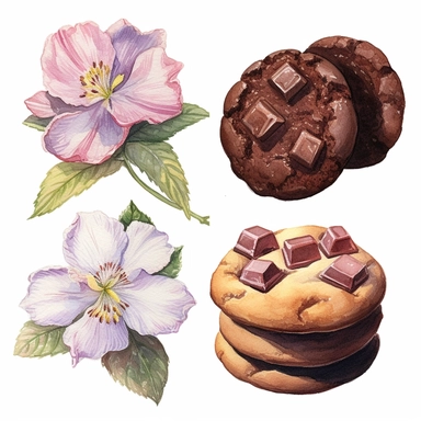 4 watercolor cliparts of neoclassical delicious chocolate cookies with flowers inside and on them, yaka art, Hyperrealistic still life, aurorapunk, 1990s, appropriation artist, hellenistic art