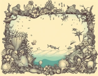 blank ephemera paper page with ornate border illustrations vintage ocean coastal elements pencil sketch , greeting card design, old botanical books style drawing, vintage, distressed textures, muted colors, craft paper texture, handwriting lines in background, pen and ink on paper with watercolor washes Watercolor, vector, white background, rice paper texture, clipart, flat illustration, outlined , Vector, 4K, Art station, digital print, highly detailed clean, detailed illustration, 3D vector ar