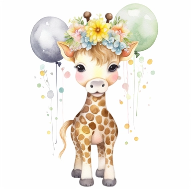 baby giraffe nursery full body watercolor style clipart, happy, with floral crown on head, Disney style, holding balloons