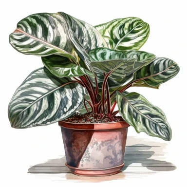 Calathea (Prayer Plant) in pot, potted plant, watercolor style, Clipart, white background, no text, no watermark, watercolor clipart, sunlight, realistic, epic detail, high resulation