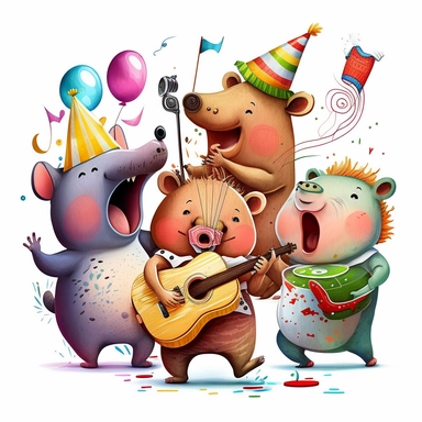 clipart birthday party little animals.,artistic painting style , cute and sweet, they are smiling and happy, they are singing happy birthday, dancing and super excited, 3d with vibrant colors, white background and no text or caption