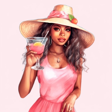 pretty black girl, Sun Straw Hat Wide Brim Summer Hat Foldable Roll up Floppy Beach Hats, pretty, holding a cocktail drink, pink outfit, 4k, hd, clipart