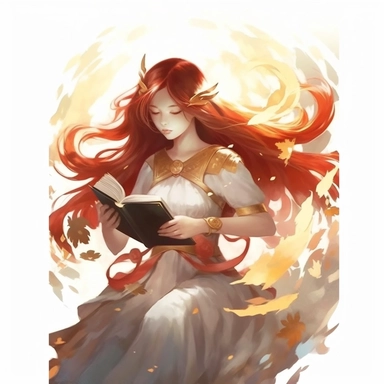 a girl reading a book with red flowing hair, delicate shades of red orange and gold, watercolor clipart, white backound, no backound, glowing,Takehisa Yumeji