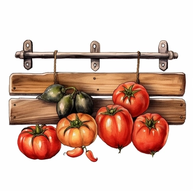 tomatoes on a wooden hanger, watercolor clipart & clip art, in the style of light red and dark gray, narrative paneling, classic american cars, uhd image, hand lettering, depiction of rural life, wood