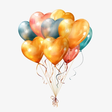 Create clipart of heart-shaped balloons, adding a touch of celebration and joy to the wedding decor ,Classic Weeding ,Weeding on the beach, Watercolor, Detailed, sweet, majestic, high resolition, transparent background, no captions