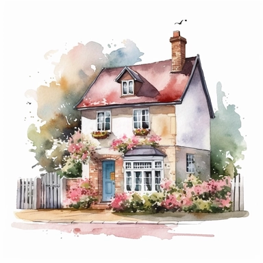 Vector clipart, isolated on white background, beautiful lovely Watercolor cute little colorful house, spring time , ornated, pastel colors, small England village