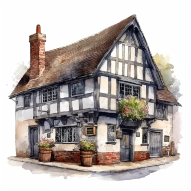 a quaint old english pub on the High Street, white background, clipart, watercolor style--q2--v5.1