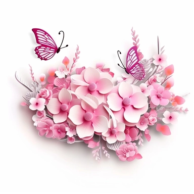 3D exceptionally beautiful pink flowers and butterflies in 3D, clipart white background