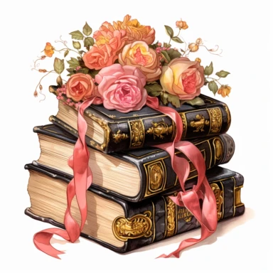 Make a clipart of a fairytale watercolor book stack with detailed binding on a table, shabby chic, with bright colors of peach and pink, roses, gold accents, black outlines, hd, white background