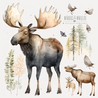 Woodland Animals Clipart Watercolor, cute moose, white background