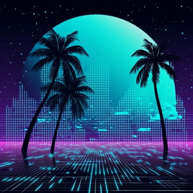 the fading color aquamarine moon with points stars, palm trees in the background 80s concept stock illustrations, clipart, illustrations & animations, in the style of neon grids, futuristic cyberpunk, pixelated, outrun, light blue and black, psychedelic surrealism:, konica auto s3