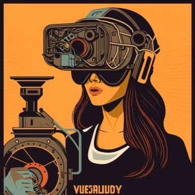 vr headset, virtual reality, industrial worker, woman, poster, learning in vr gogle, repairing machine, simplistic, abstract, vector, 2d illustration, clipart, few colors, industrial, hi-tech