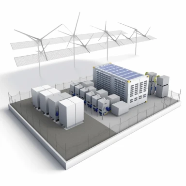 Create a crisp and clean clipart image of a large-scale battery energy storage system connected to the grid, designed to catch the attention of potential investors. The image should have a white background, making it easy to incorporate into an investment opportunity teaser. The style should be simple yet professional, using a limited color palette to emphasize the key elements of the battery storage system and convey its modern and efficient design.