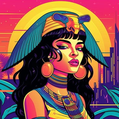 Design a captivating clipart featuring a retro-inspired portrayal of Cleopatra infused with the vibrant Vice City vibes. Create a stylish and charismatic character that combines the timeless beauty of Cleopatra with elements reminiscent of the 1980s Miami aesthetic. Incorporate bold colors, neon lights, palm trees, and retro patterns to evoke the Vice City atmosphere. With a white background, the clipart maintains a versatile appeal for various design applications. Perfect for digital projects, 