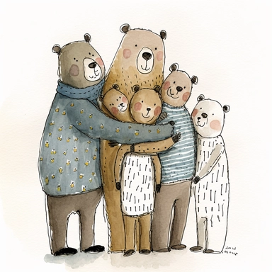 watercolor and ink drawing of a portrait of a family of five bears, one mom bear, one dad bear, three baby bears, clipart, embracing each other, cute pose, cartoon, doodle, happy, smiling, beautiful watercolor ink wash coloring, thick pencil lines, quentin blake, Adrian tomine, popular on etsy, watercolor illustrations clipart, watercolor illlustrations for kids and children, book illustrations, plain white background