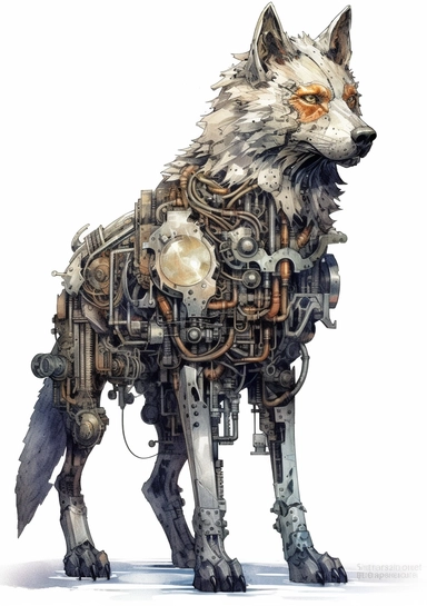 Steampunk Gray wolf clipart, realistic, Watercolor Retro Futuristic Victorian Era, art picture, full body, watercolor, multicolor, white background, lots of details, high quality - 8K,