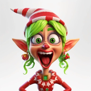 clipart of a crazy blonde female christmas elf, there is a funny face on it, cartoon, for kids, funny, pixar, 8k, white background, sharp focus, detailed,