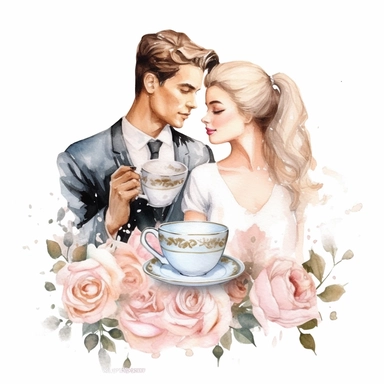 beauty couple drinking coffee, vintage cups, flower digital clipart on white background
