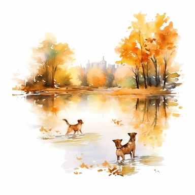 Beautiful watercolor Autumn lake and dogs running to the leaves, fallen leaves, clipart, Autumn Park, isolated white background