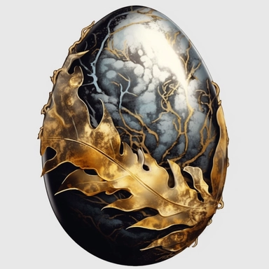 The illustration is ultra-realistic and hyper-detailed, with an extremely high 8k resolution and no edges cut out. On the illustration, there is a black and golden egg. the atmosphere is mysterious. It is drawn in a mesmerizing clear-lined watercolor illustration style using bold and saturated colors. It is a png clipart on a white background, it should be easy to cut out and remove the background from, so only use saturated colors around the edges of the clipart. The composition is central with
