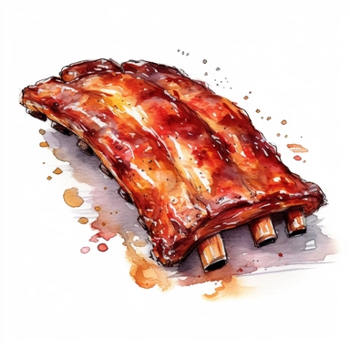 BBQ Ribs, highly detailed, watercolor, clipart, illustration, white background, digital painting, paper crafting, no signature, no text