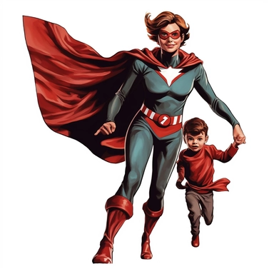 a comic-style, clipart image (floating image), full body image of a mother and child duo where the child is the superhero's sidekick, wearing super suits