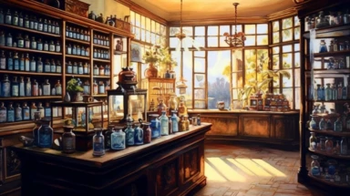 illustration, realistic interior of a vintage 1896 perfumery and pharmacy with some perfume bottle boxes incense boxes, atmospheric sunset lighting, Clipart, watercolor, realistic, full building, highly detailed, hdr, 32K, photo expert quality, watercolor realistic, hyperrealistic and highly detailed