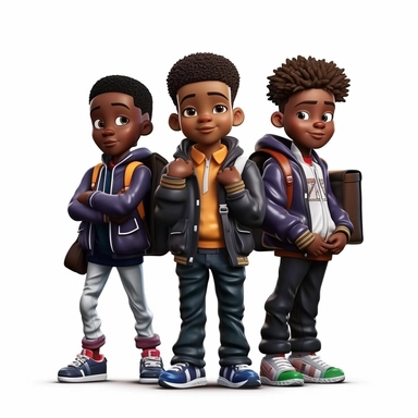 3D toy young 3 happy black boys wearing a backpack with a school uniform outfit in the style of boondocks in the style of marvel comics cartoon with white background can't believe how beautiful this is clipart, graphic vector, isolated on white background
