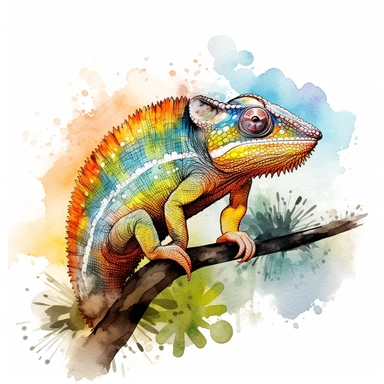 watercolour illustration free brushstrokes, beautiful and joyful, chameleon with curly tail, mark brooks, naturecore, animal clipart, isolated on a white background,