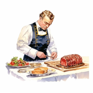 A chef preparing Beef Wellington, a classic British dish, in the Buckingham Palace kitchens, Clipart, watercolor, white background, intricate detail