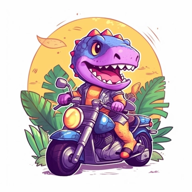 Create a clipart of a cute dinosaur in a leather jacket riding a motorcycle. Vibrant and lively colors. Kawaii style. Jungle trees before a White Background, soft lighting.
