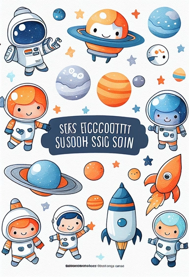 a whimsical cute space-themed cartoon clipart collection featuring rockets, planets, astronauts and stars in shades of blue, orange, grey and white on white background with margins, watercolor, sprite sheet, 2d, icon, sticker art