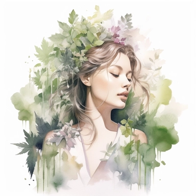 A girl surrounded by fragrant herbs in her garden, enjoying the aromas and flavors they offer, pastel colors, white background, watercolor splash, clipart, by Jack Hughes