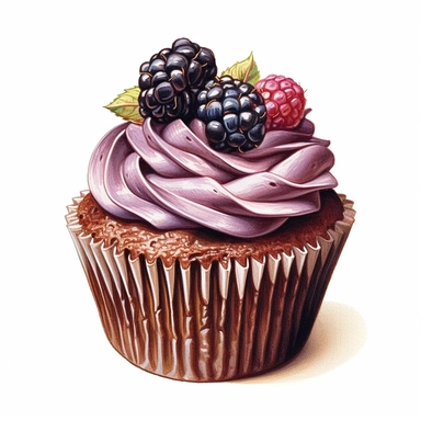 incredible detailed acrylic painted , dark chocolate cupcake with a beautiful decoration of chocolate cream with chocolate chips, blackberry, clipart, hyperrealism, clear picture in high resolution, highlights , white background, appetizing, clear and contrast image, reflections, very detailed drawing, menu illustration, realism, high quality, lighting like in a photo studio, advertising, hd