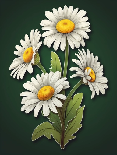 Isometric Sticker Clip Art of three daisy flowers, children friendly, illustrated in a botanic and playful and realistic style, perfect for any special occasion, cut out in the shape of daisy flowers, with no visible background, giving it the appearance of a sticker, conveying a mystical and whimsical mood, edited with Adobe Photoshop to adjust brightness and contrast, rendered as a transparent PNG file with a high resolution to ensure a crisp and clear image with no pixelation, suitable for var