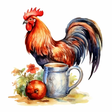 a watercolor rooster drinking from a cider jug, clipart
