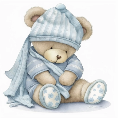an ultra Cute little newborn baby teddy bear wearing pyjamas, #475F94 dusky blue shabby chic traditional classic striped pyjamas and a bedtime hat and is sitting on a dusky blue blanket watercolour, cute,, bedtime, sleepy, dreamy, isolated on white backgr