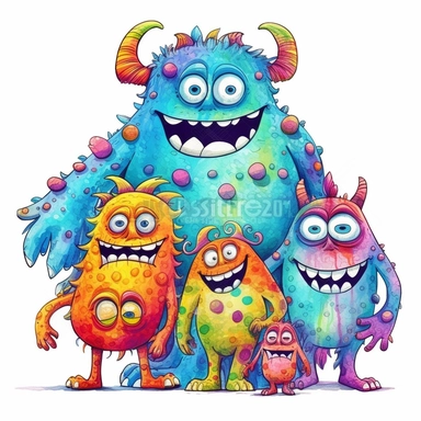 Cute Beautiful Cute Monster Family Sublimation Clipart,Cartoon, hyper realistic, intricate detail, illustration style,high solution,on the white background