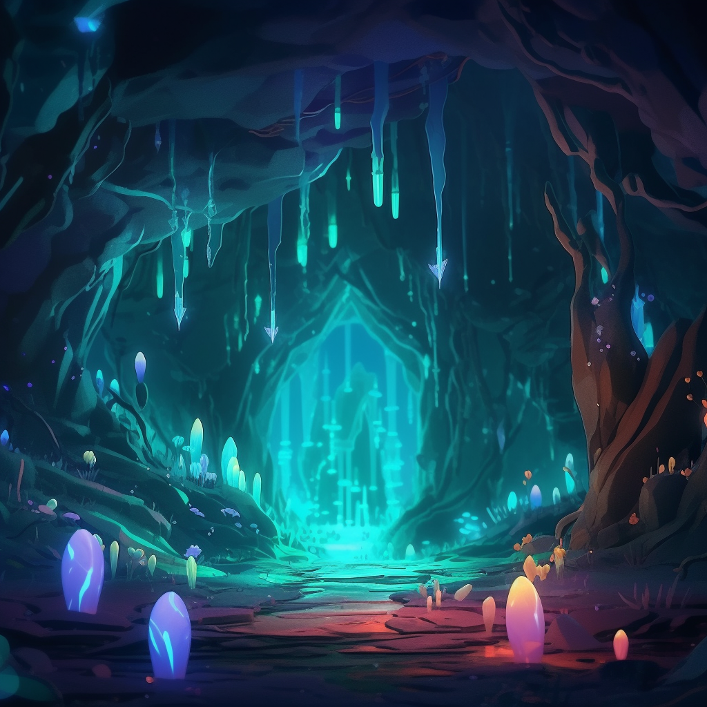 Mysterious cave with magical glowing crystals, shimmering underground ...