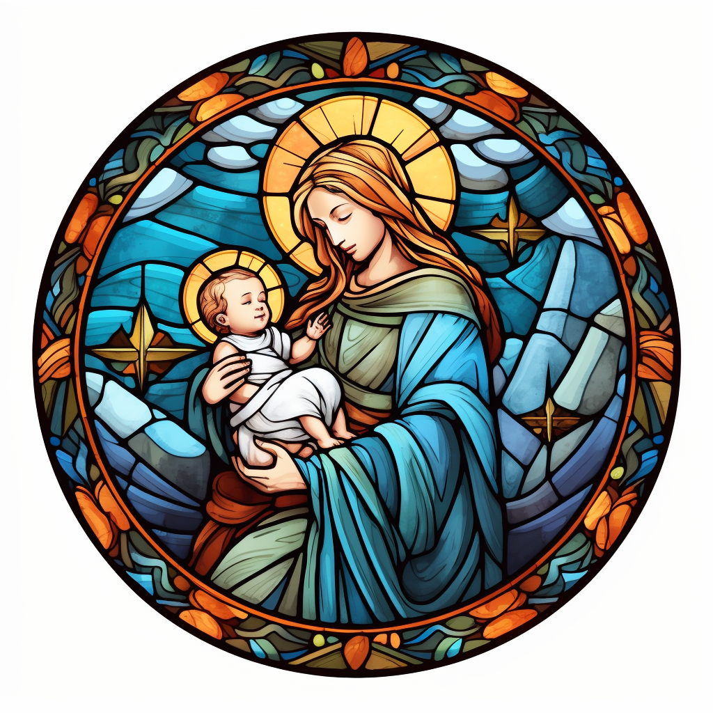 a stained glass glass with birth of Jesus, in the style of watercolor ...