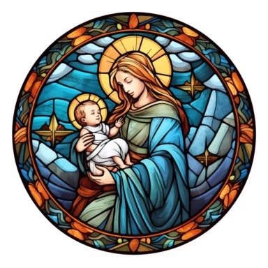 a stained glass glass with birth of Jesus, in the style of watercolor illustrations, energy-filled illustrations, scientific illustrations, hand-coloring, tondo, clipart, circular shape,