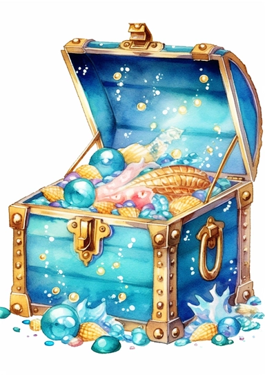 cute watercolor underwater treasure chest full of pearls clipart, full body, hd, on white background, spaced out