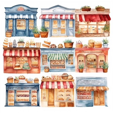 Watercolor clip art on white background, Bakery Storefrontss Clipart, high-resolution image with vibrant and true-to-life colors, isolated