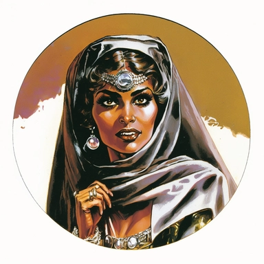 regency female Arabian African noble guild merchant politician, Josh Kirby Mad Max Lord of the Rings, handpainted enamel punk zine indie retrowave, clipart illustration character portrait, circle white background