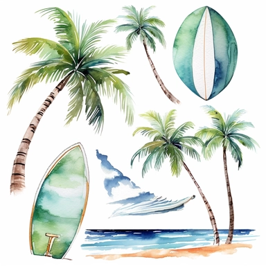 Watercolor beach clipart, Best friend summer trip, Summer vibes, Surf travel clip art, Palm tree landscape, Ocean waves white background