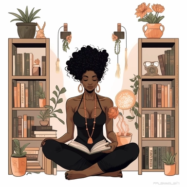 llustration of black woman, with tattoos, next to bookshelves, reading a book, boho modern aesthetic, cottagecore, avacadopunk, florals, pastel and gold tones, flawless line work, low detail, clipart, white background