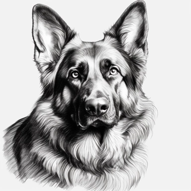 German Shepherd clipart no background, white, black, svg, sketchbook,free lines, on paper