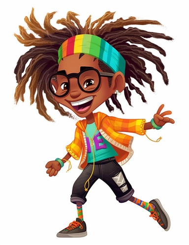 cute cool happy black boy with wild colorful dreadlocks, jumping, chibi style, jewelry, hip hop clothing, hands in pocket, clipart, whole body, white background,