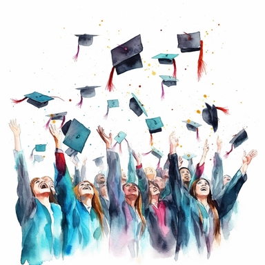watercolor style, Graduation hat toss: Clipart showing a group of graduates throwing their caps in the air, celebrating the completion of their studies. clearly visible faces of participants. clipart, isolated on white background, 4K