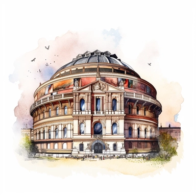 An image of the Royal Albert Hall, a landmark of London's cultural scene, Clipart, watercolor, white background, intricate detail.